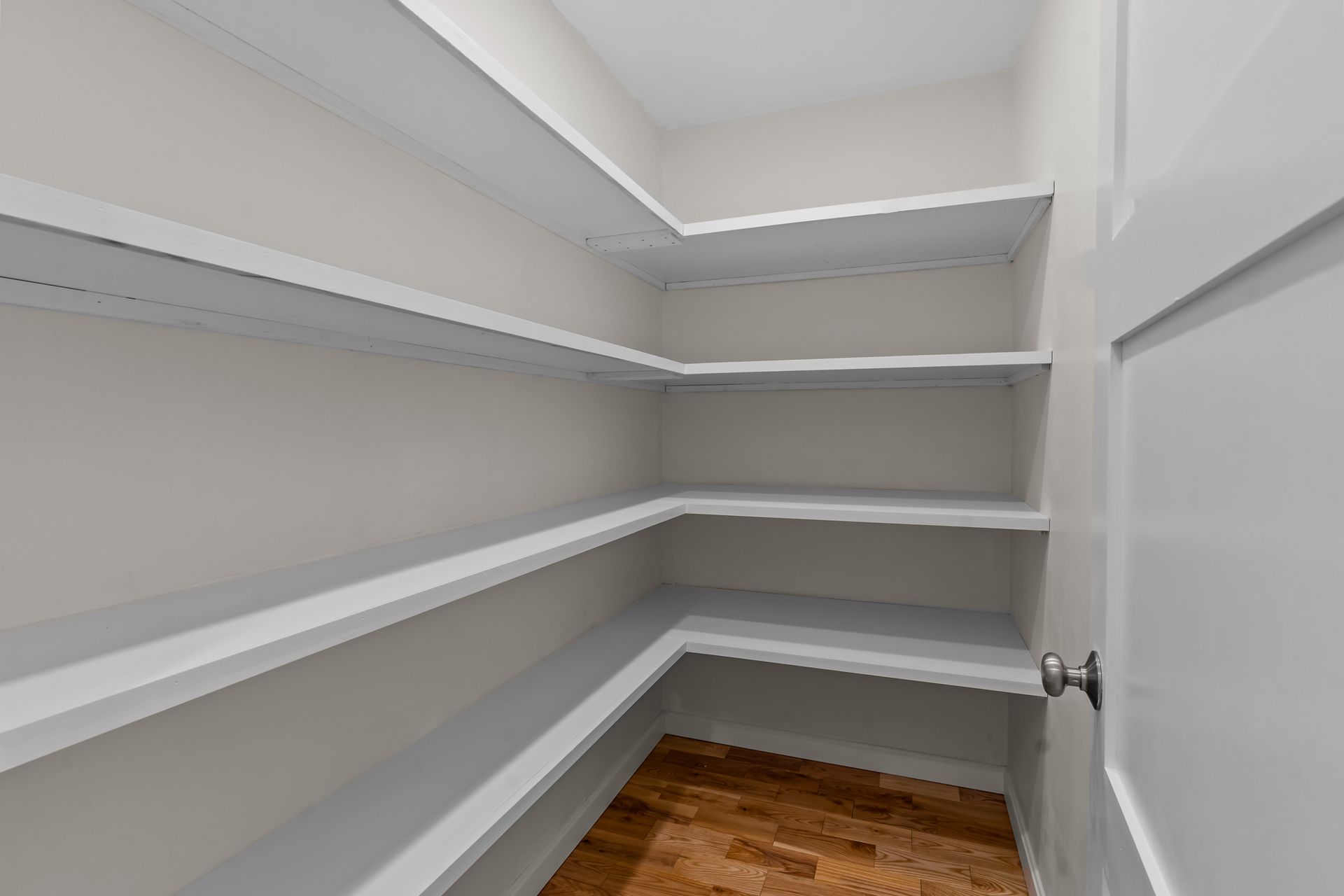 An empty pantry with shelves and a door in a house.