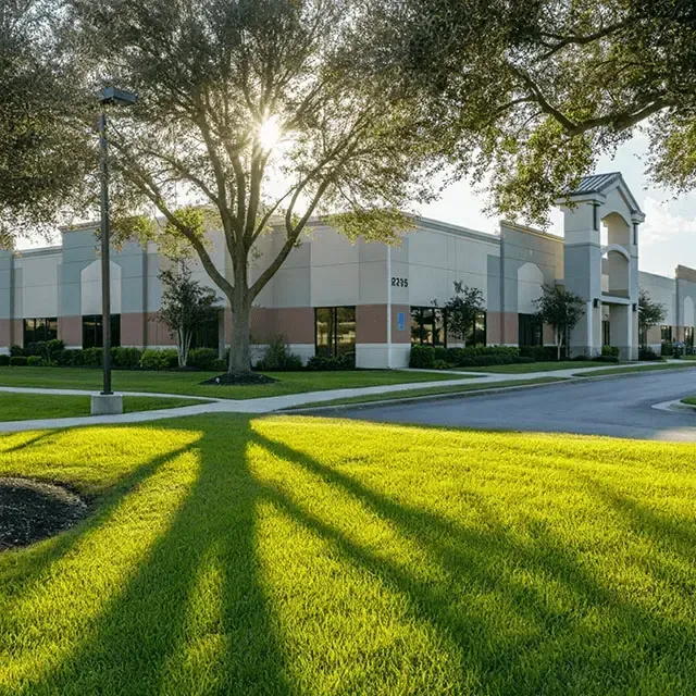 The sun is shining through the trees on the grass in front of a large building.