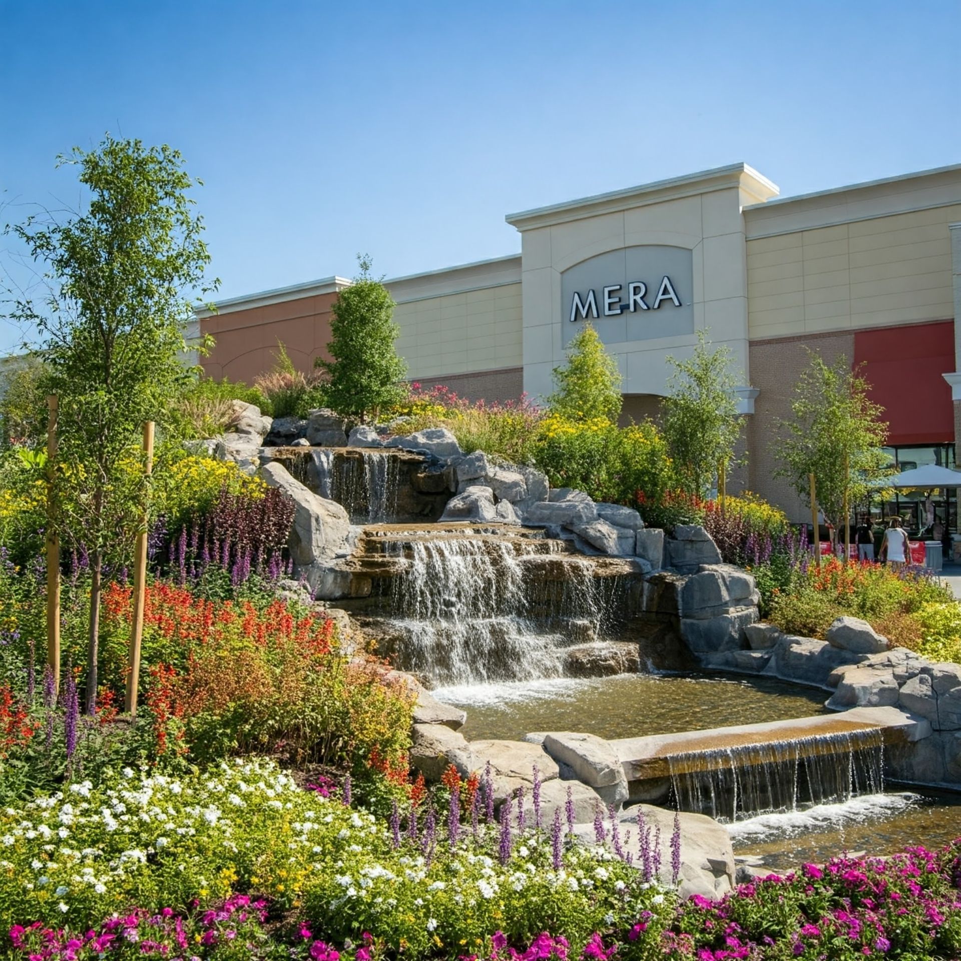 A waterfall in front of a mera store
