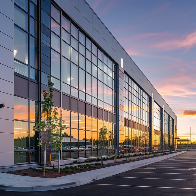 A large commercial building with lots of professionally cleaned windows  and fresh asphalt sealcoating.