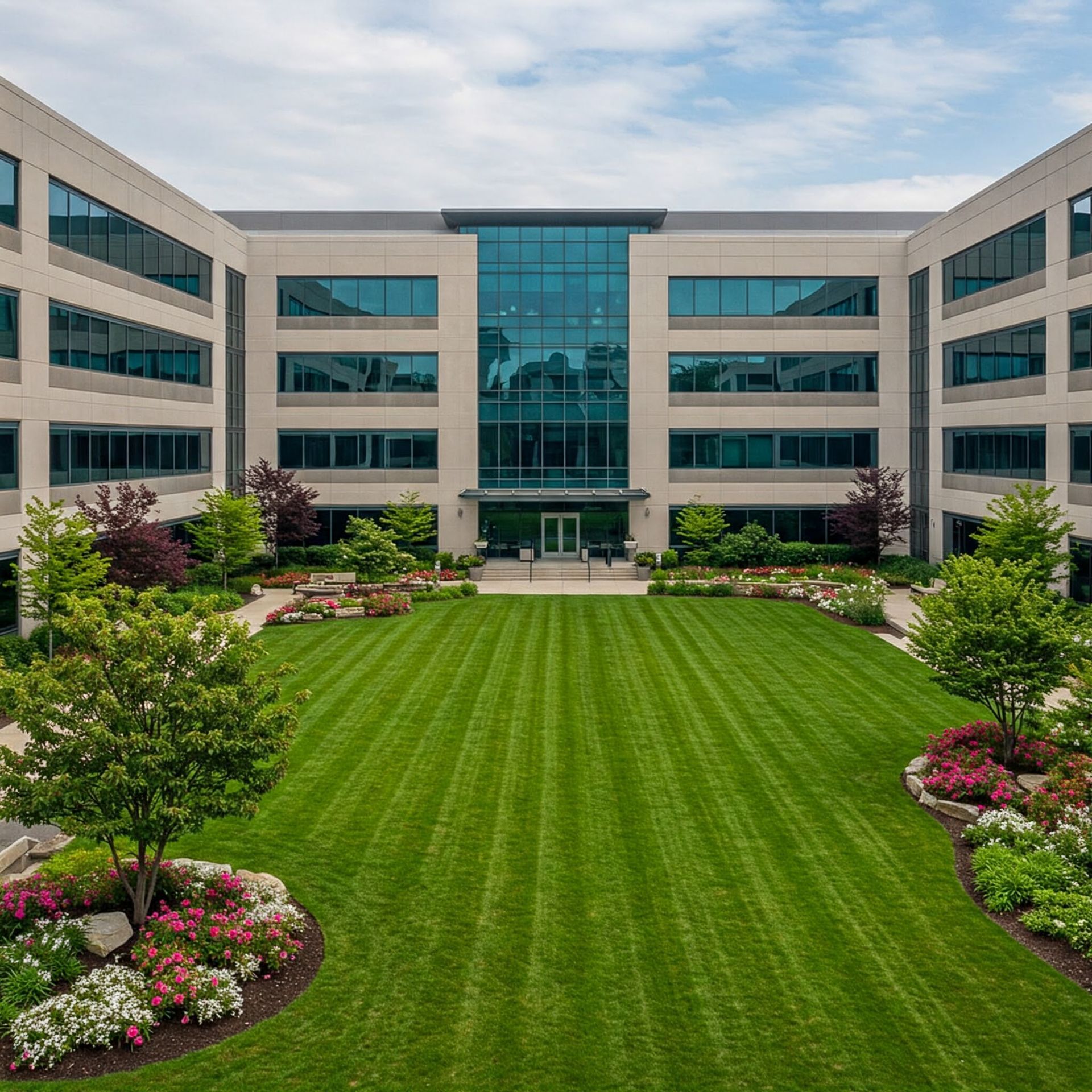 A large commercial building with lush mowed lawn, well maintained landscape and lots of professionally cleaned windows.