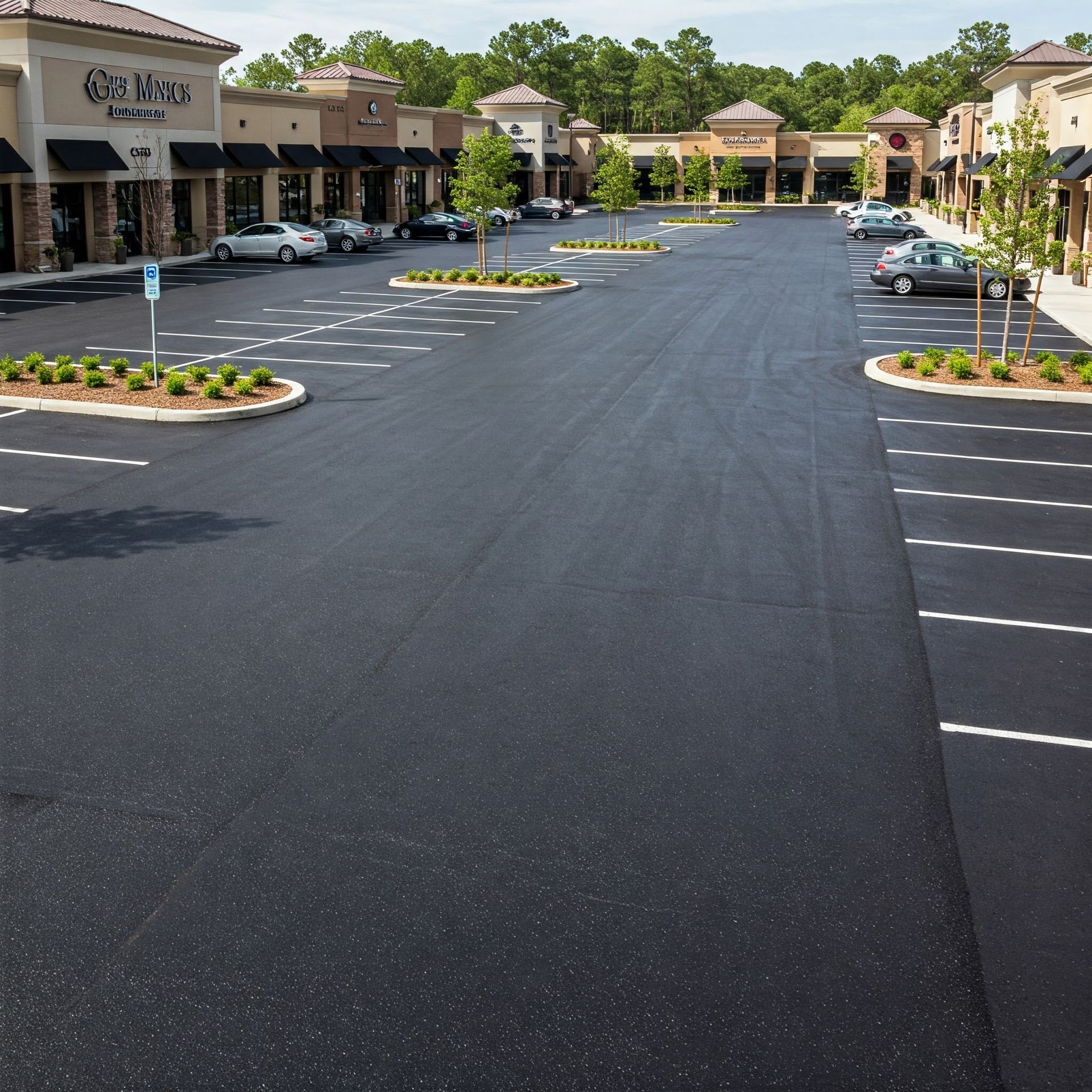 A shopping mall and parking lot with fresh asphalt sealcoating.