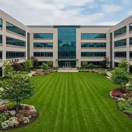 A large commercial building with lush mowed lawn, well maintained landscape and lots of professionally cleaned windows.