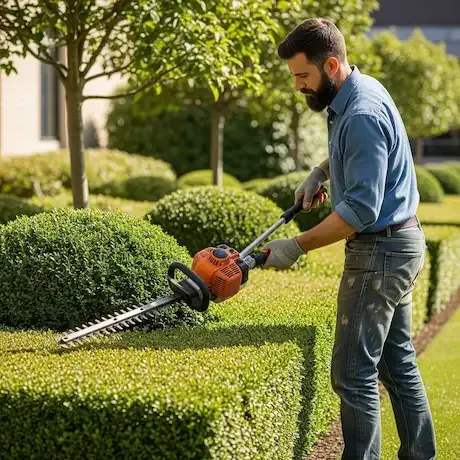 A man is cutting a hedge with a hedge trimmer in a garden.