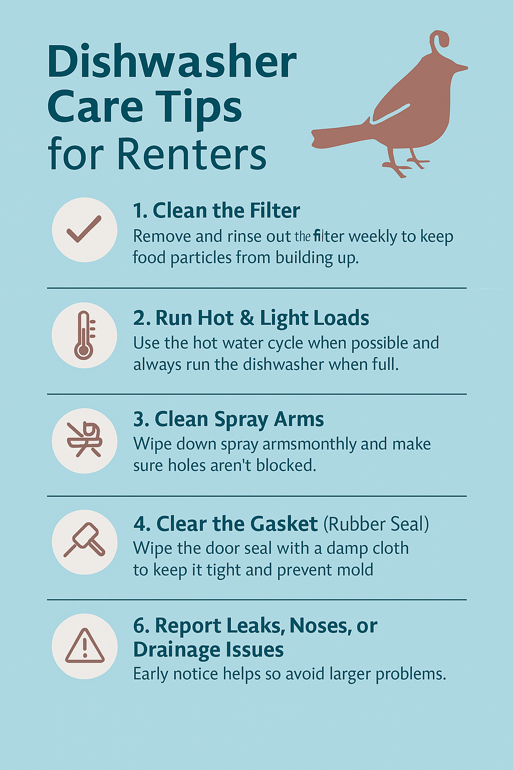 Graphic with Nest logo blue background and simple instructions on how to care for a dishwasher in a rental