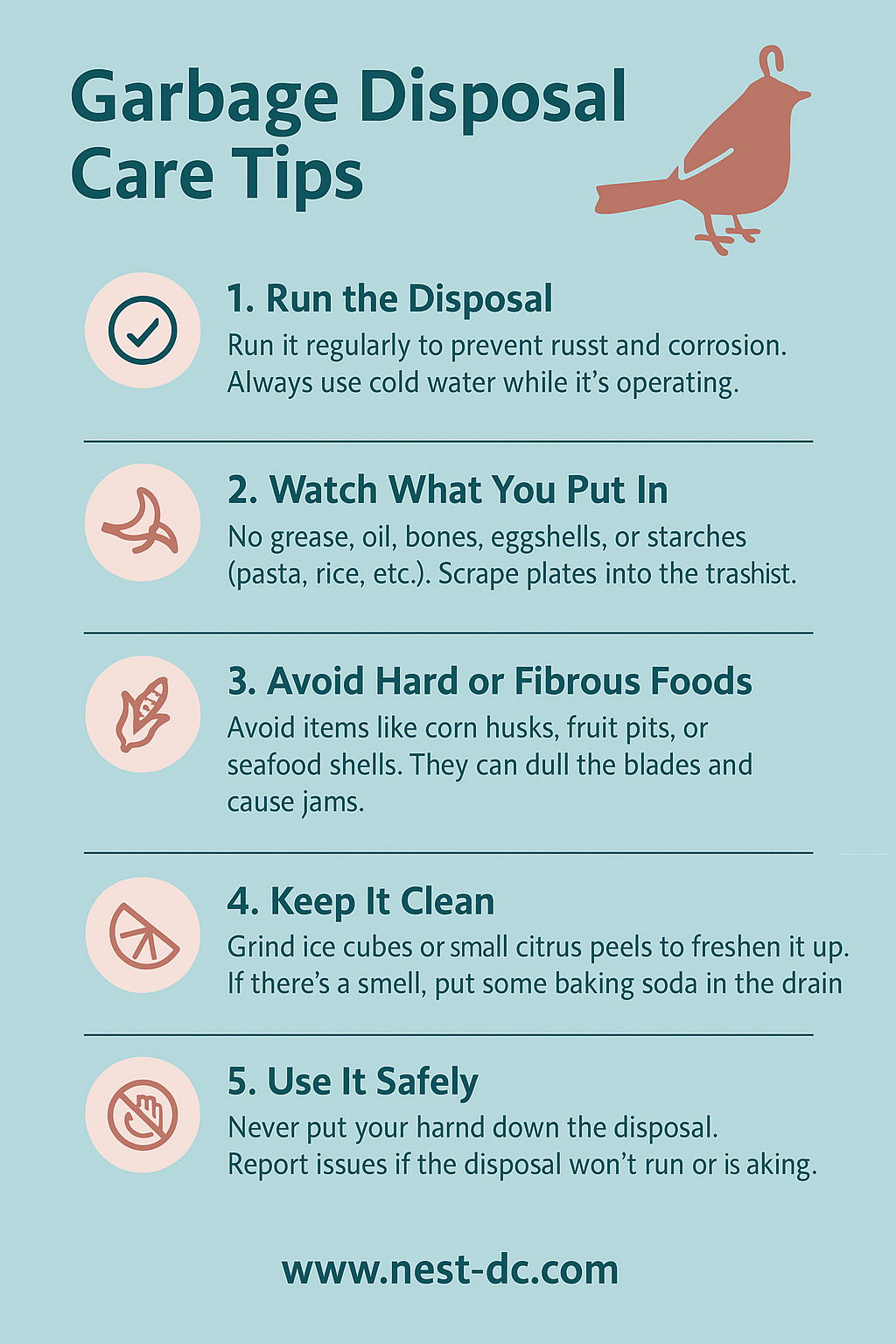 Graphic with Nest logo blue background and simple instructions on how to care for a garbage disposal in a rental