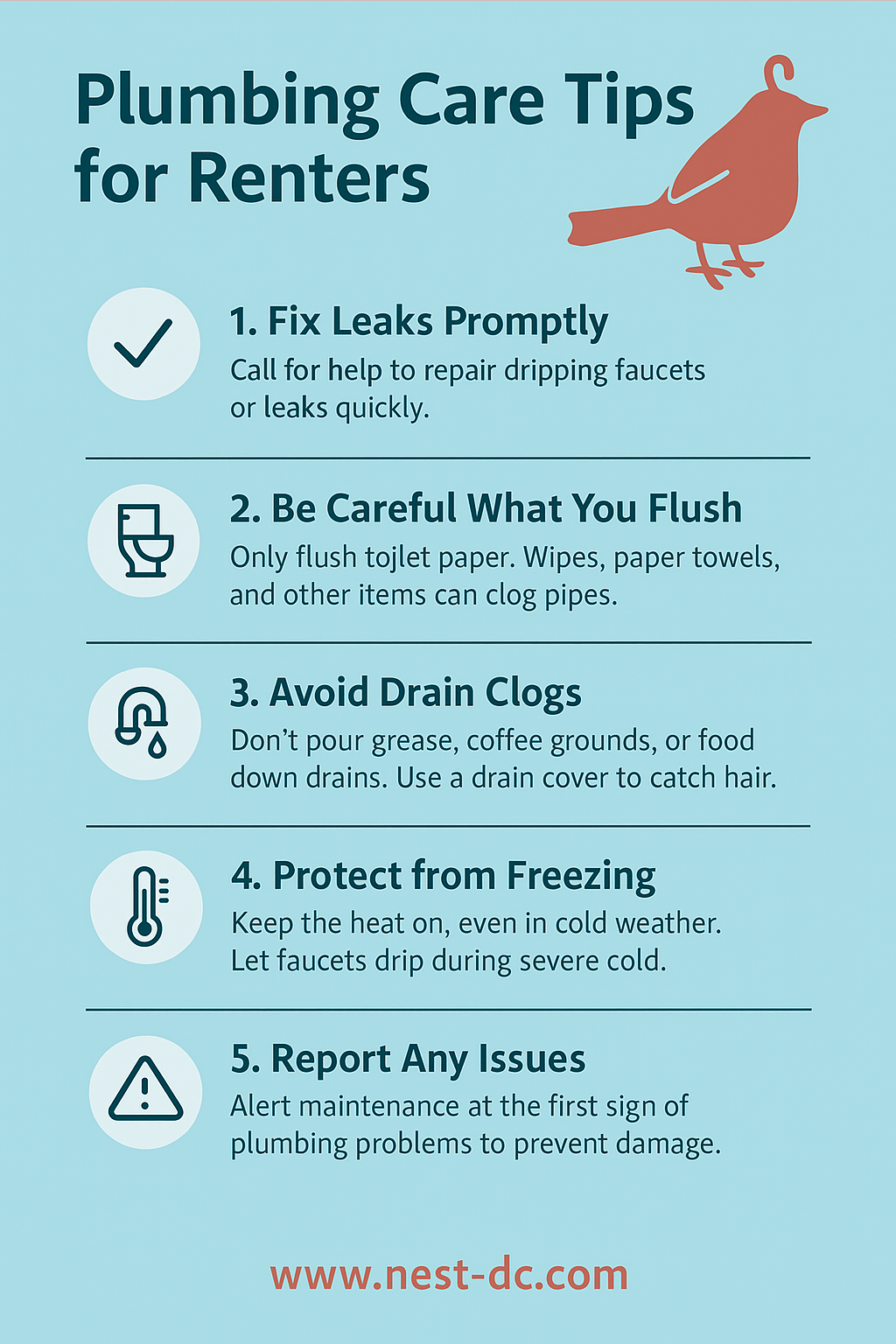 Graphic with Nest logo blue background and simple instructions on how to care for plumbing in a rental