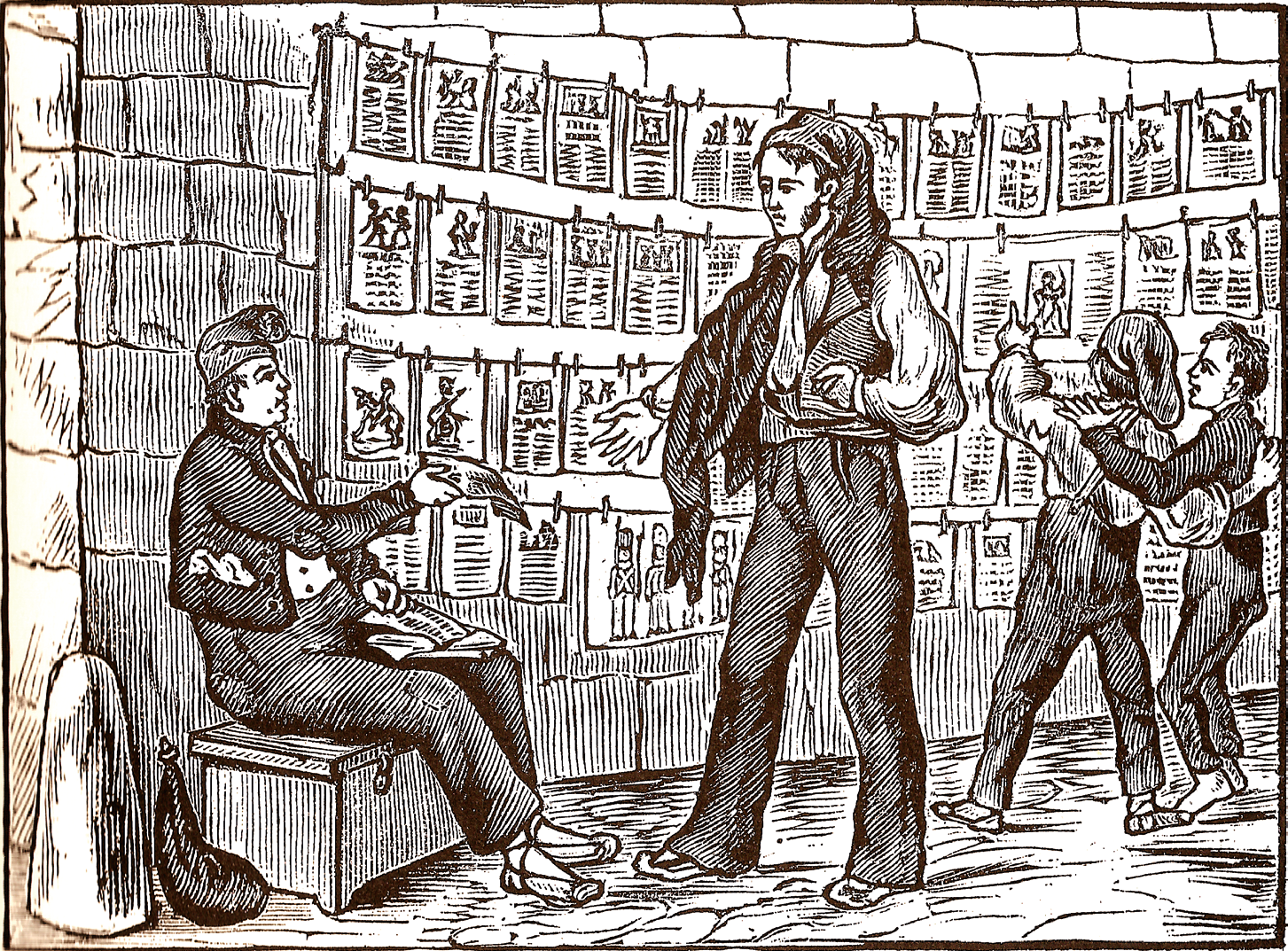 Las hojas impresas se mostraban sujetas por pinzas en cordeles para que el comprador pudiera elegir. Tienda de “romanços” junto al convento de San Agustín (Barrio de la Ribera, Barcelona) según el grabado en un sainete publicado en 1850. (Extraido de Històries i llegendes de Barcelona)