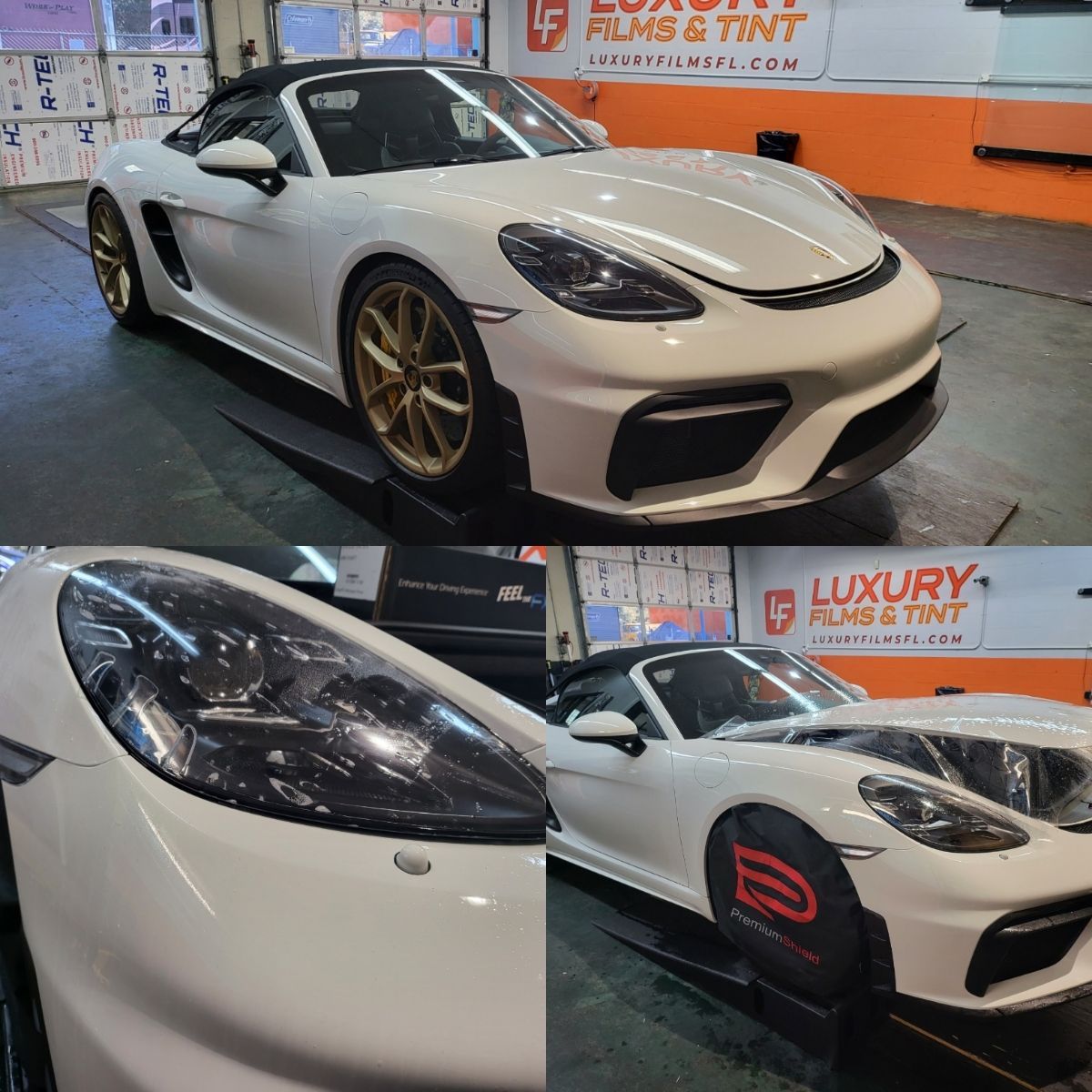 A white sports car is parked in front of a sign that says luxury films & tint