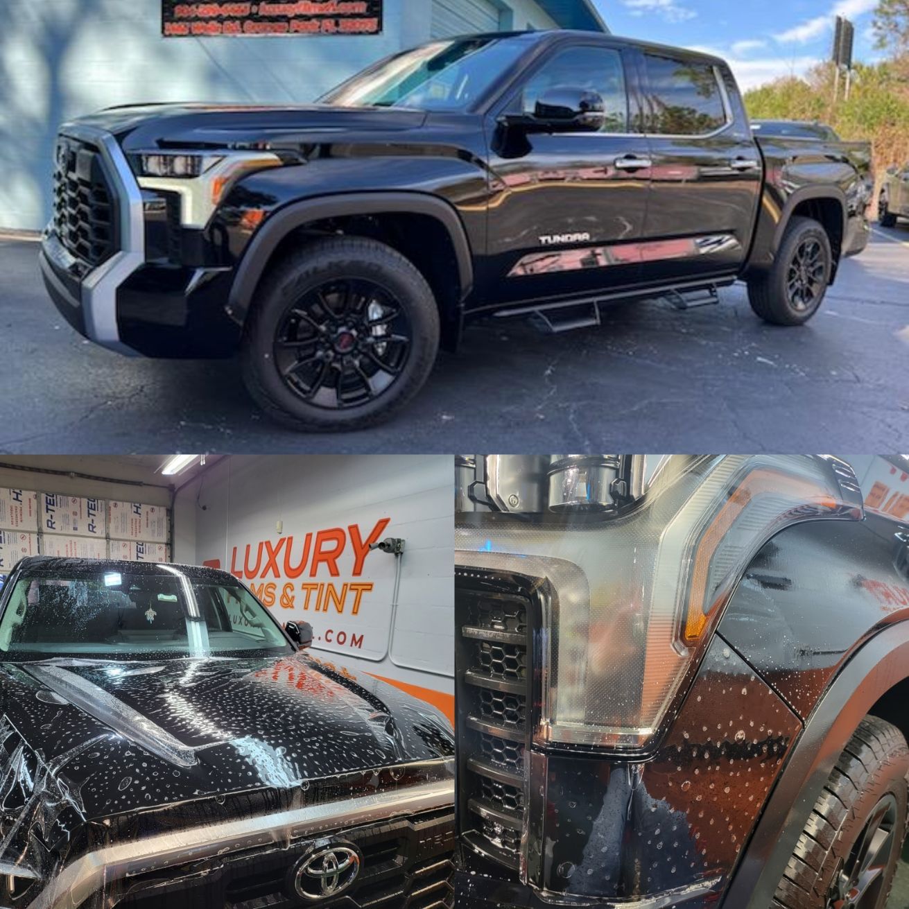 A black truck is parked in front of a luxury car and tint store
