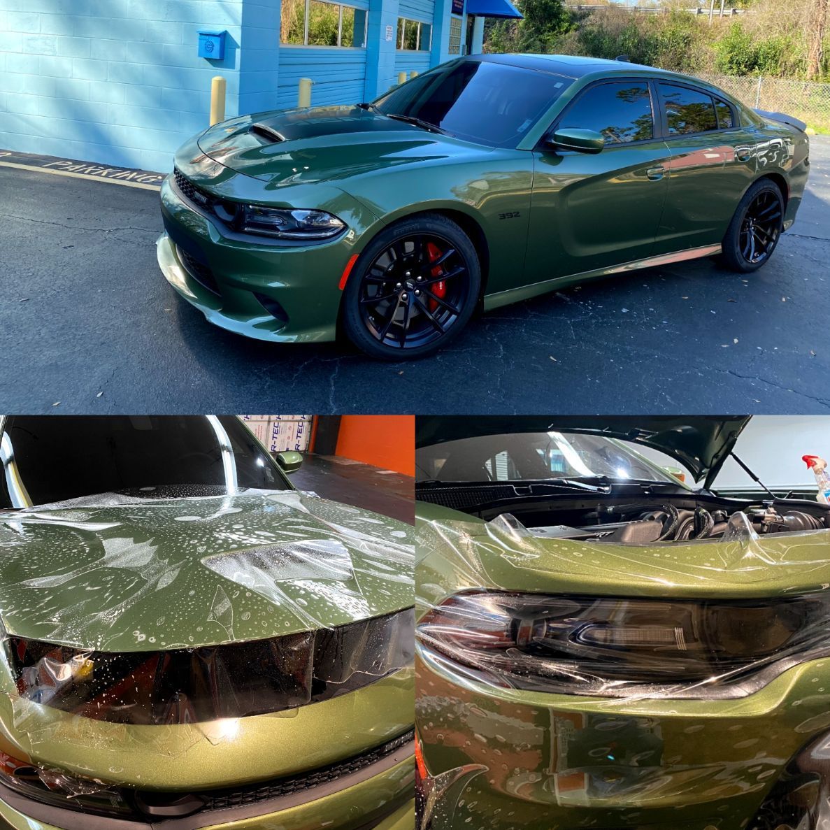 A green dodge charger has been wrapped in plastic