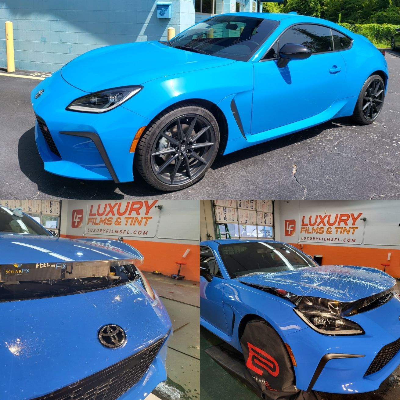 A blue car is parked in front of a building that says luxury films & tint