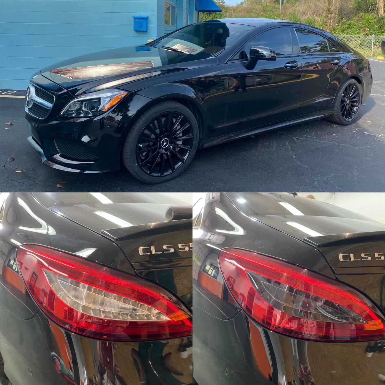 A black mercedes benz cls is parked in front of a garage.