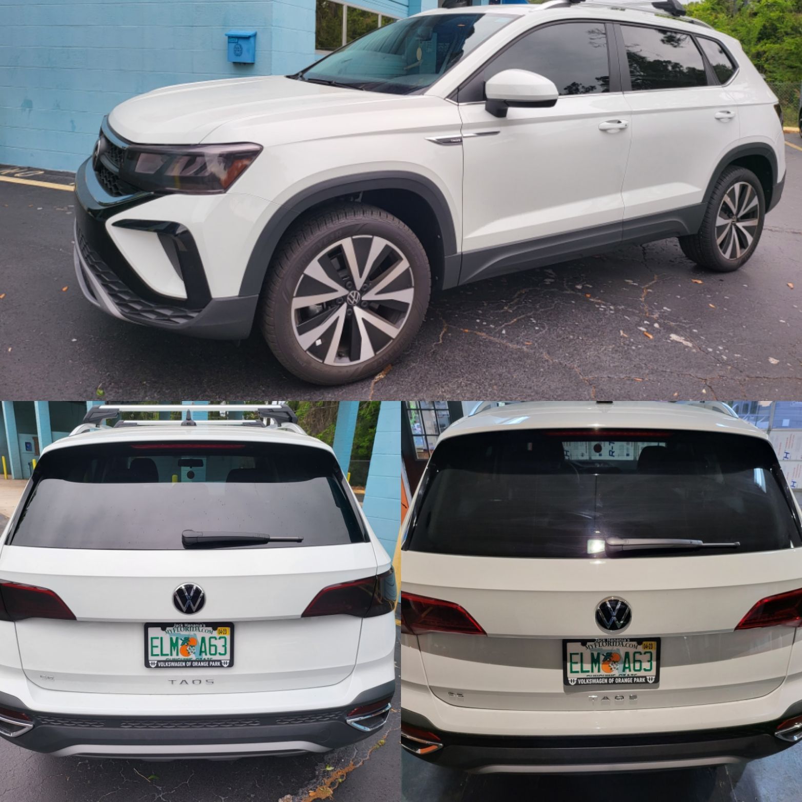 A collage of three pictures of a white car with a new jersey license plate