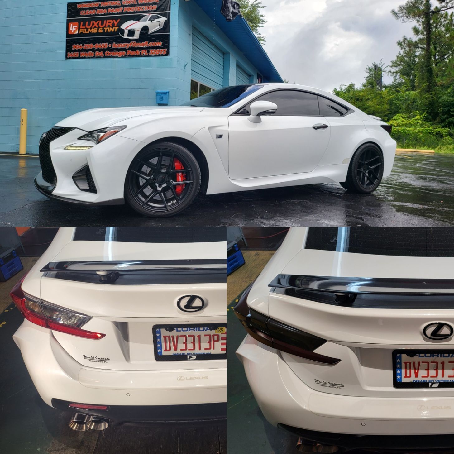 A white lexus is parked in front of a garage