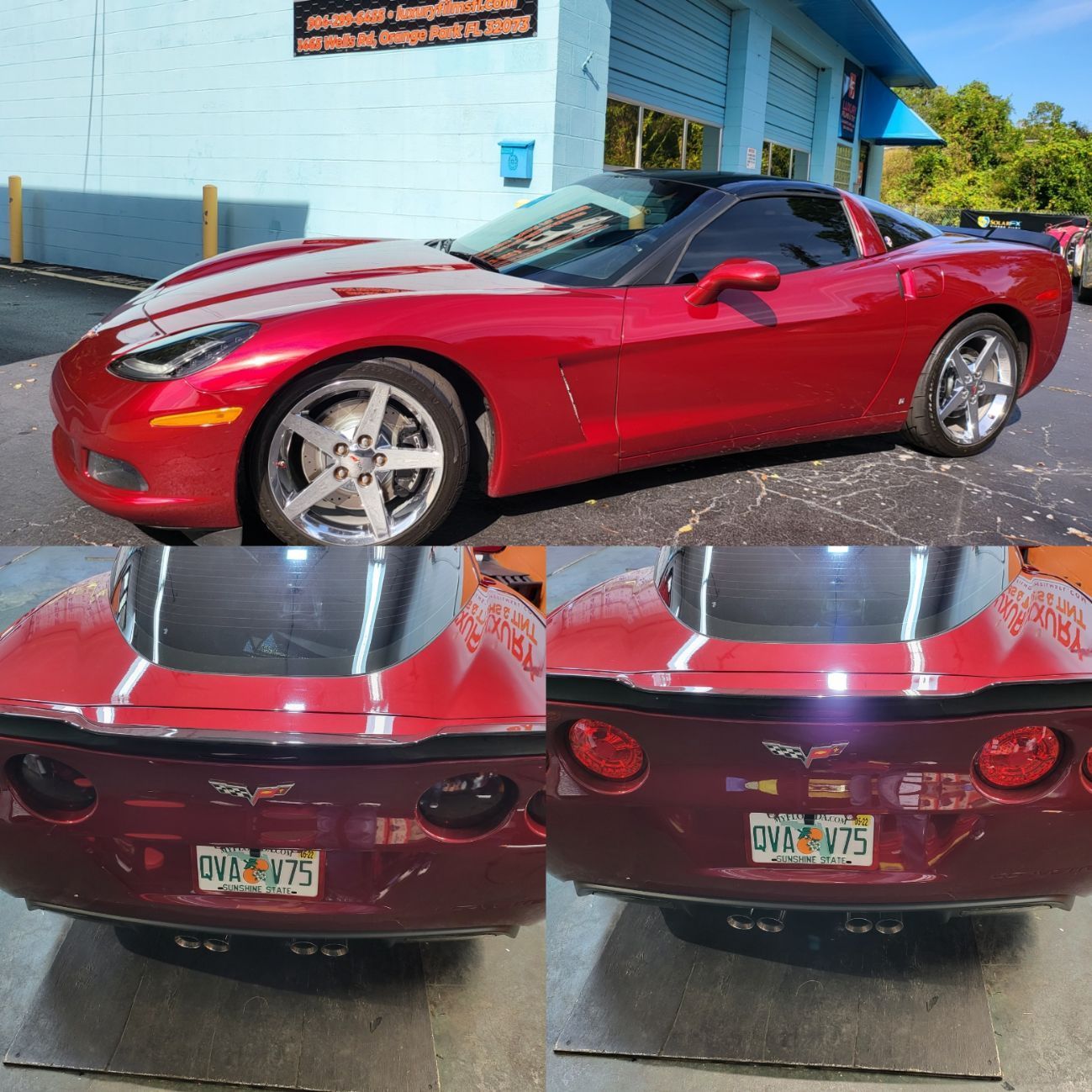 A red corvette is parked in front of a garage