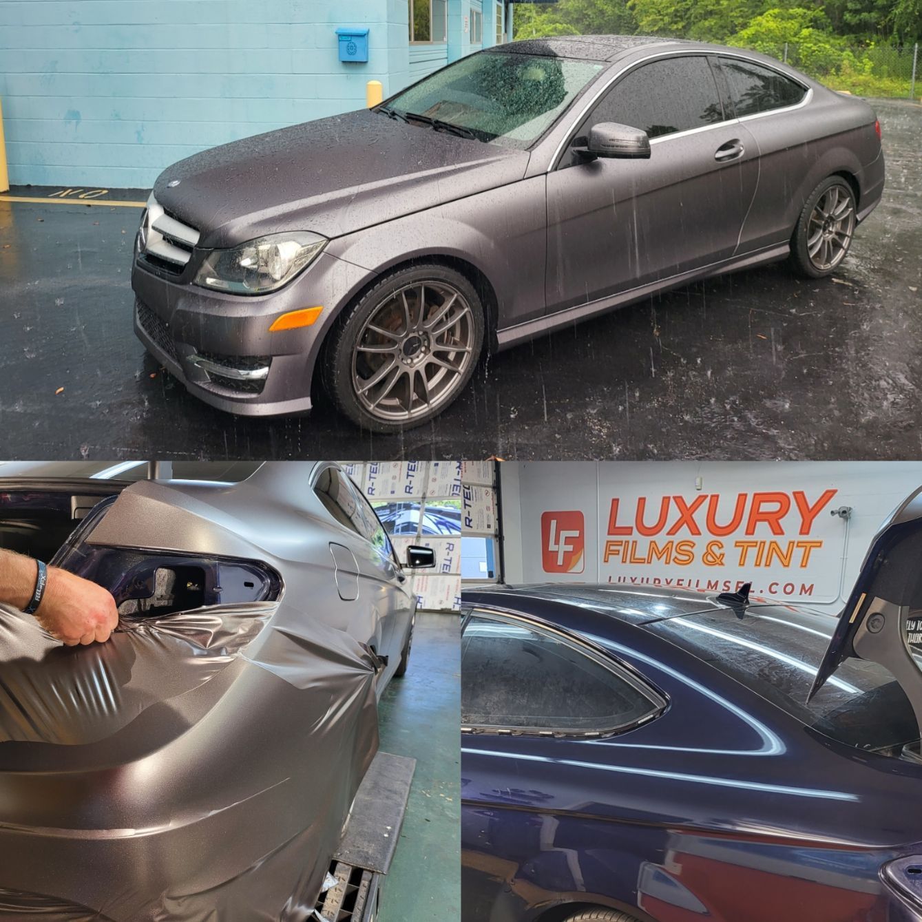 A collage of photos of a car being wrapped by luxury films and tint