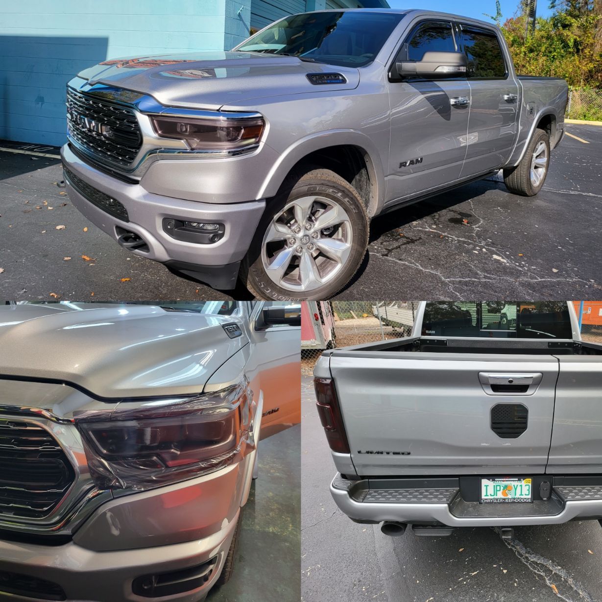 A silver ram truck is parked in a parking lot