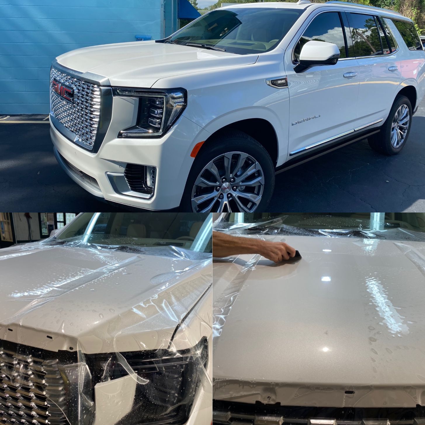 A white gmc yukon is being protective filmed.