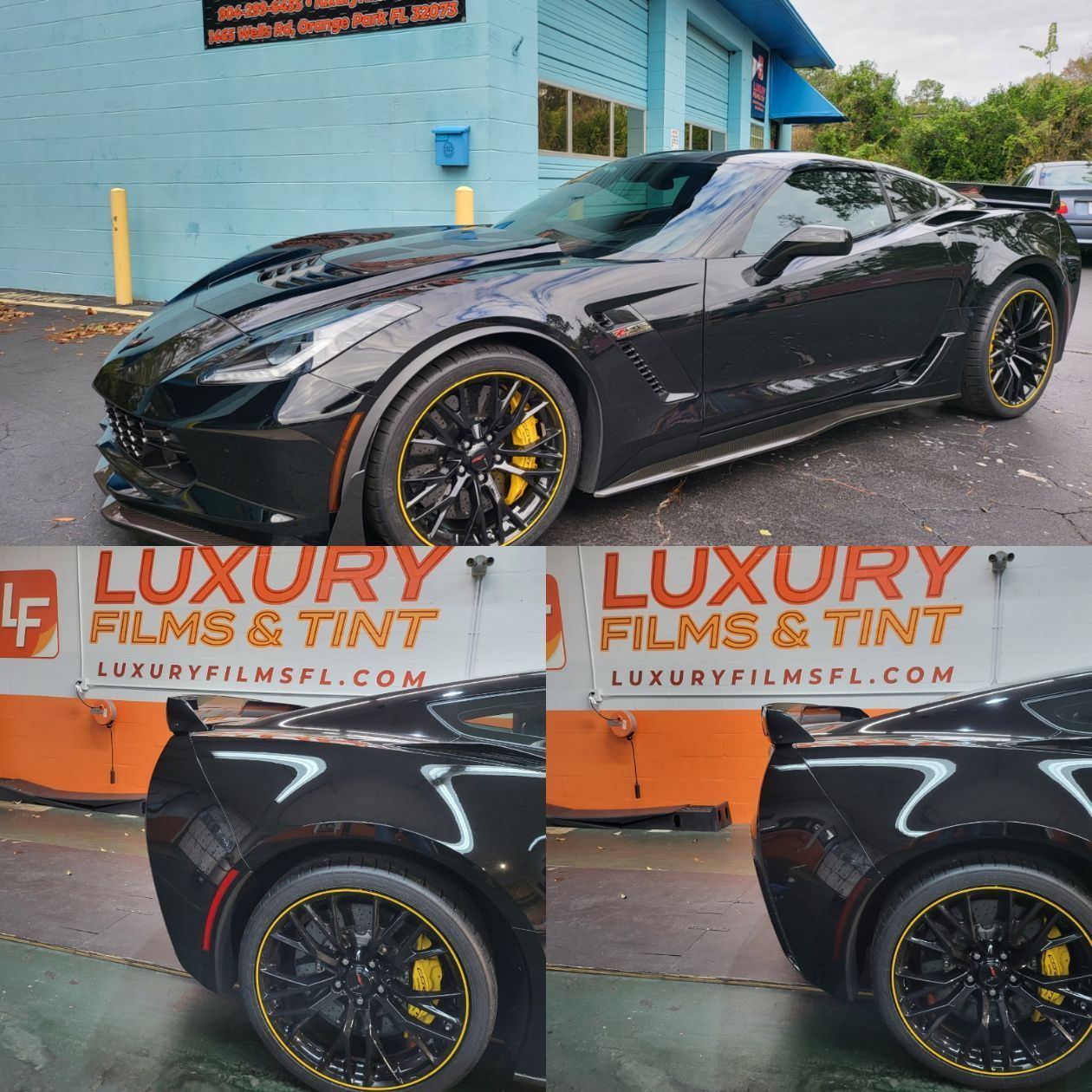 A black sports car is parked in front of a building that says luxury films & tint