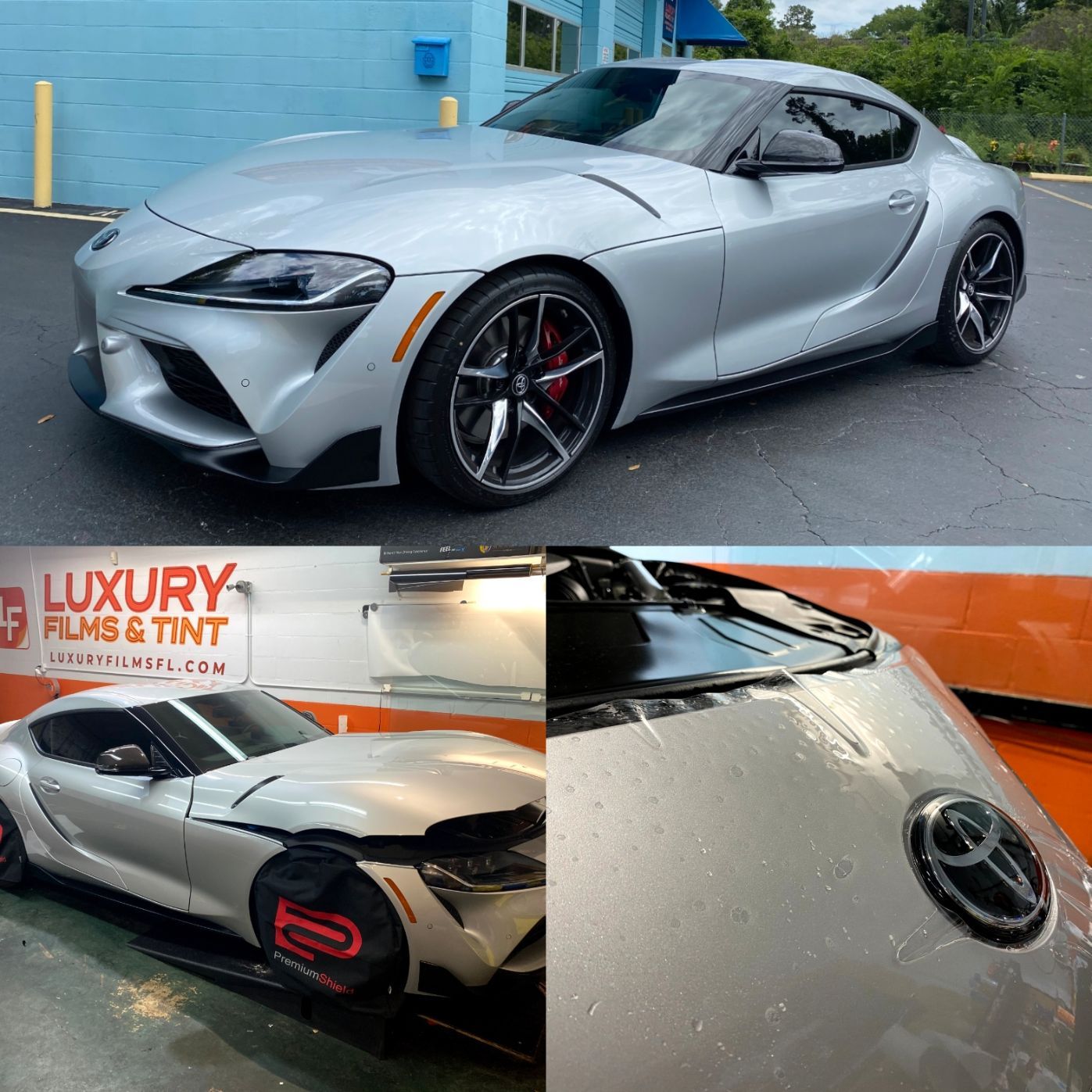 A silver sports car is parked next to a sign that says luxury films & tint