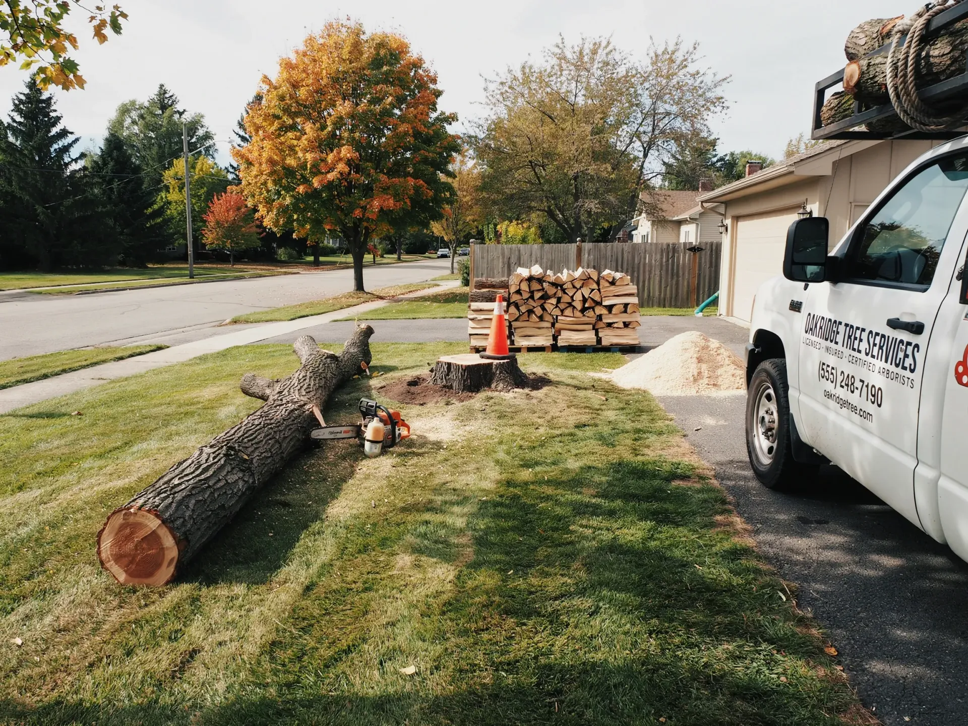 Tree being cut on a grassy roadside beside a white work truck and stacked logs.