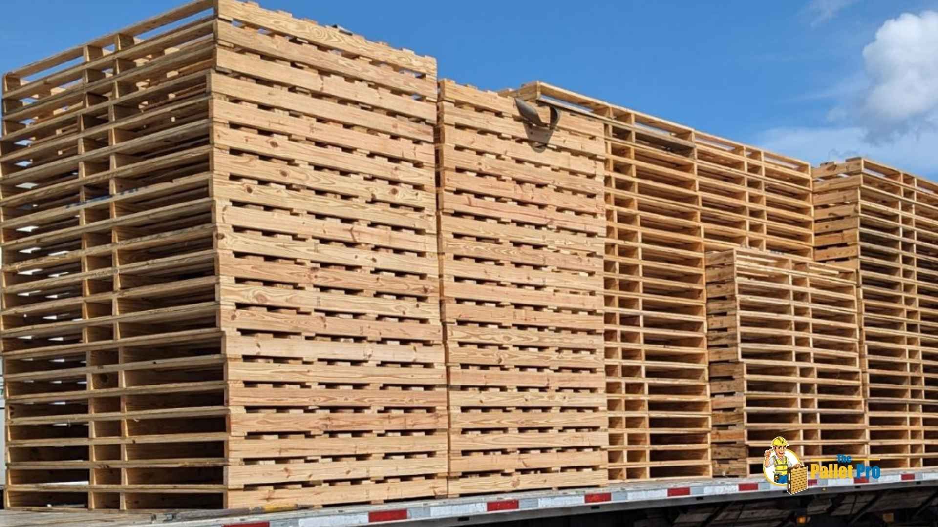 A truck is carrying a large stack of wooden pallets.