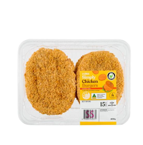 Coles Simply RSPCA Approved Chicken Burgers Plain Crumb | 400g