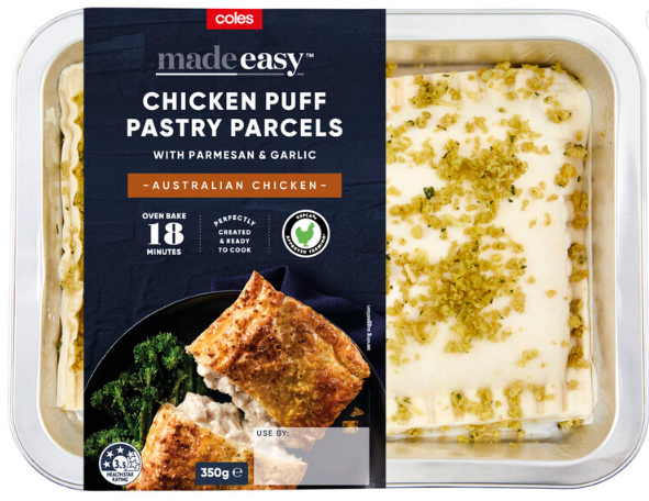 Coles Made Easy Chicken Puff Pastry Parcels With Parmesan & Garlic | 350g