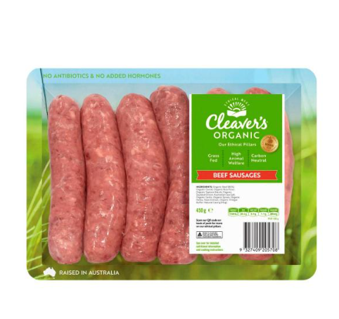Cleavers Organic Grass-Fed Beef Sausages Gluten Free 450g