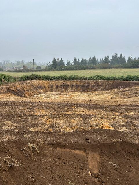 A large pile of dirt is sitting in the middle of a field.