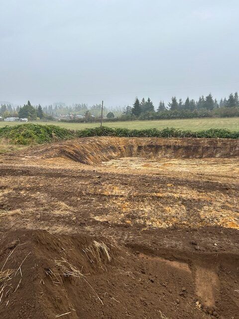 A large pile of dirt is sitting in the middle of a field.