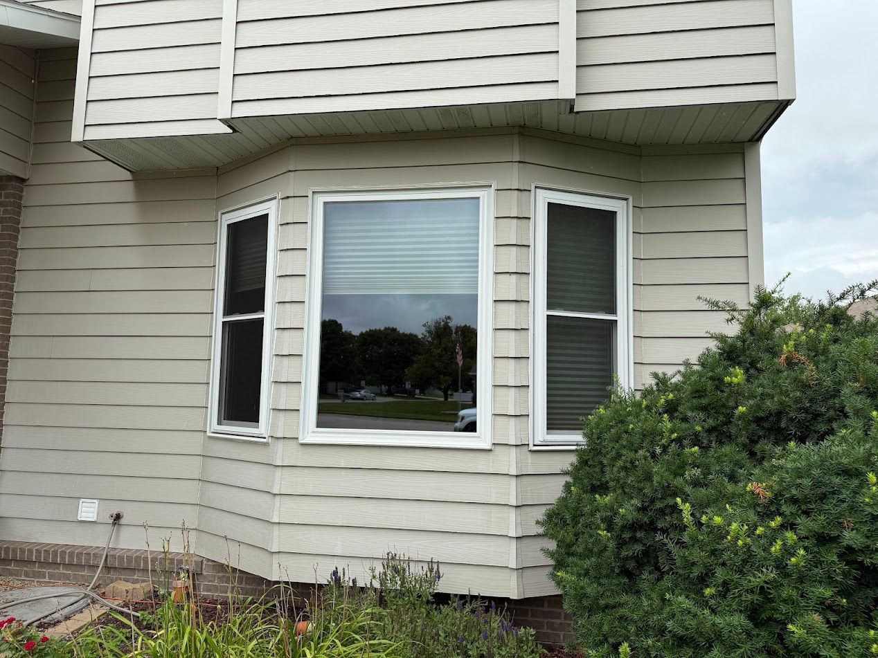 Bay windows on a beige house, reflecting the outdoors. A bush is in the foreground.