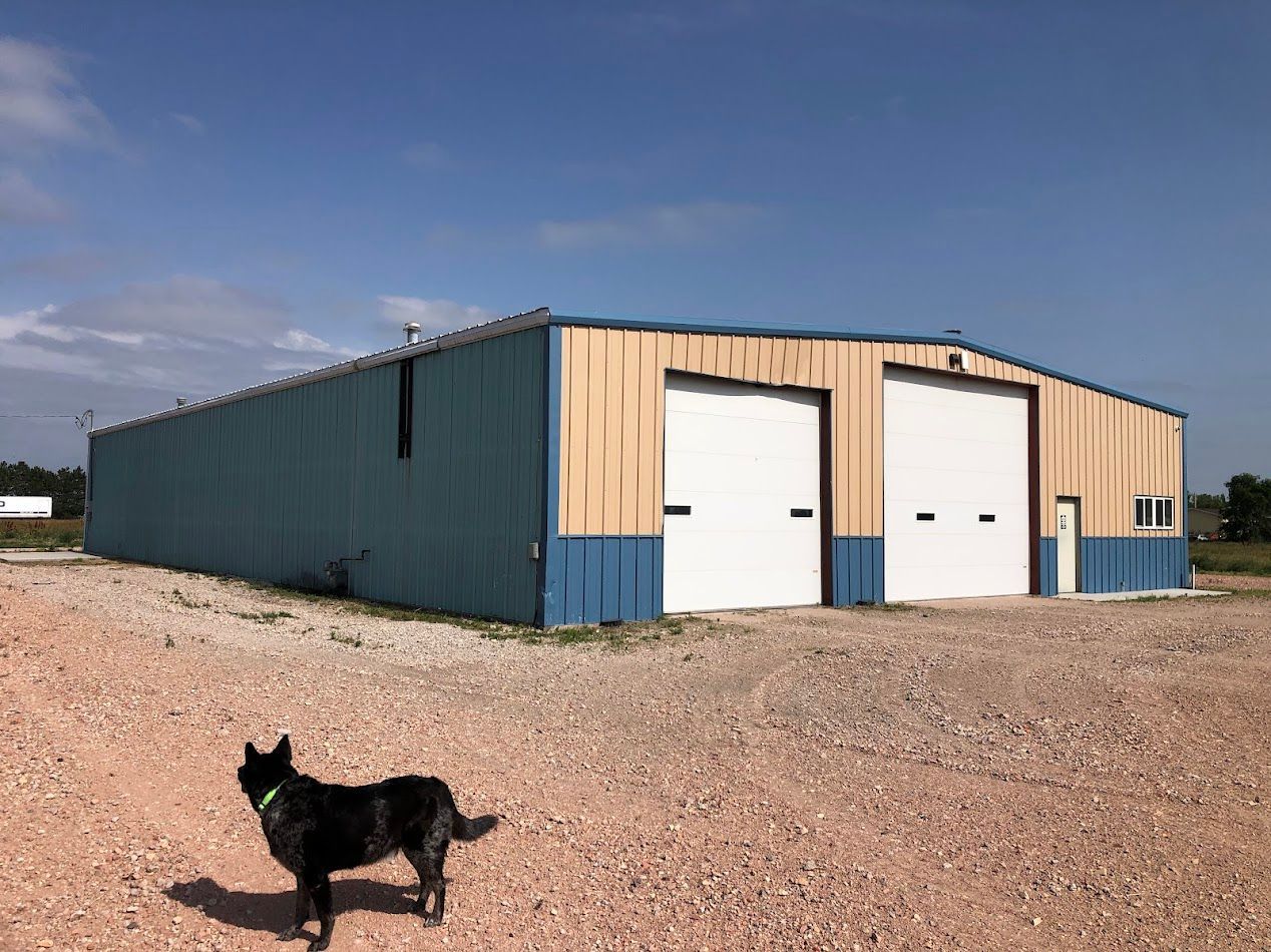 Blue and tan metal building with two white garage doors and a black dog standing on gravel.