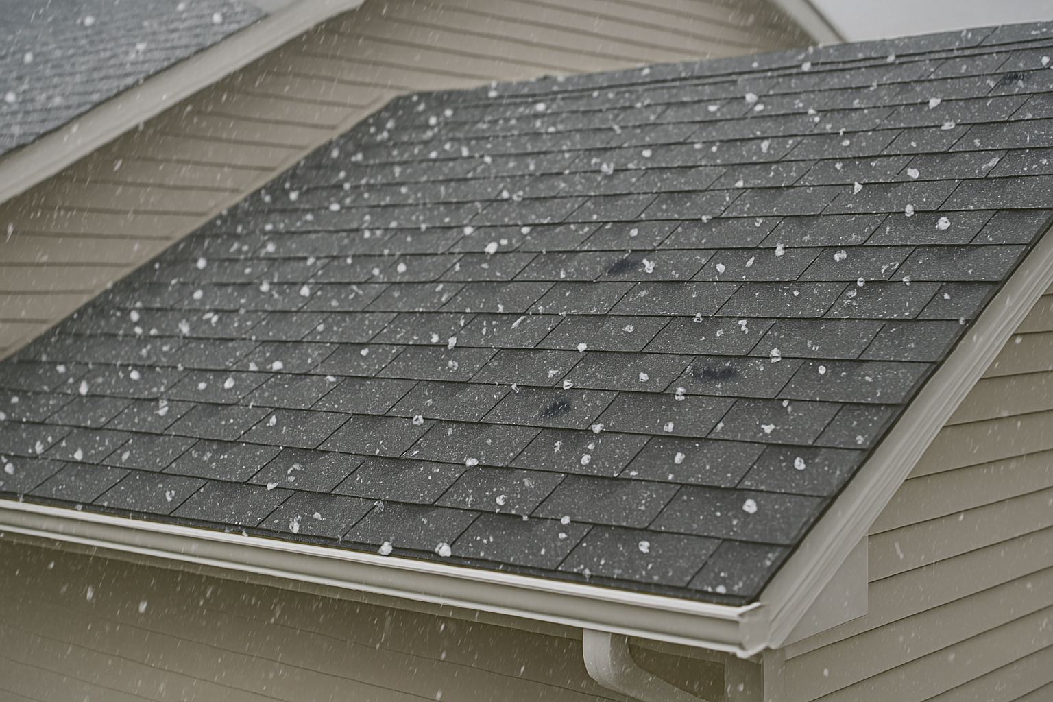 Hail is falling on the roof of a house.