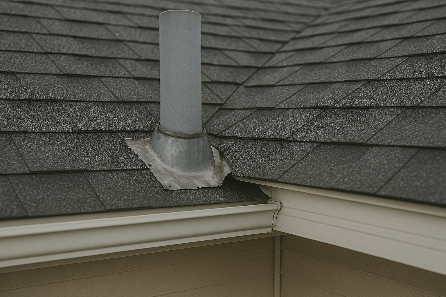 A chimney is sitting on top of a roof next to a gutter.