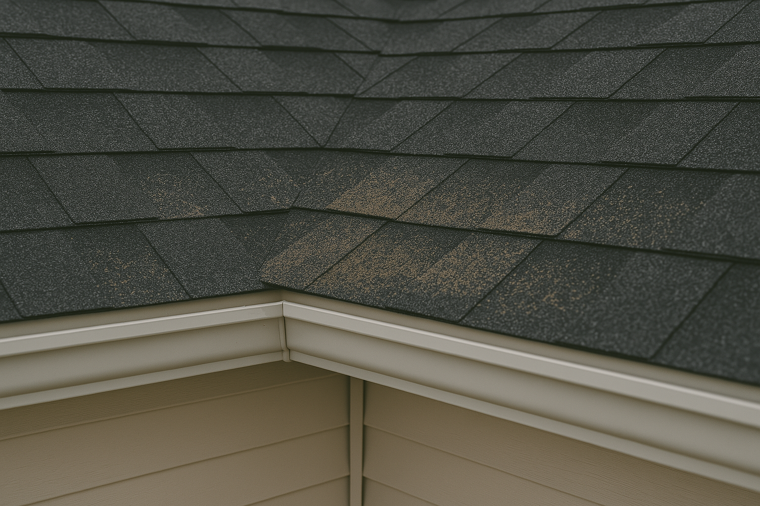 A close up of a roof with a gutter on the side of a house.