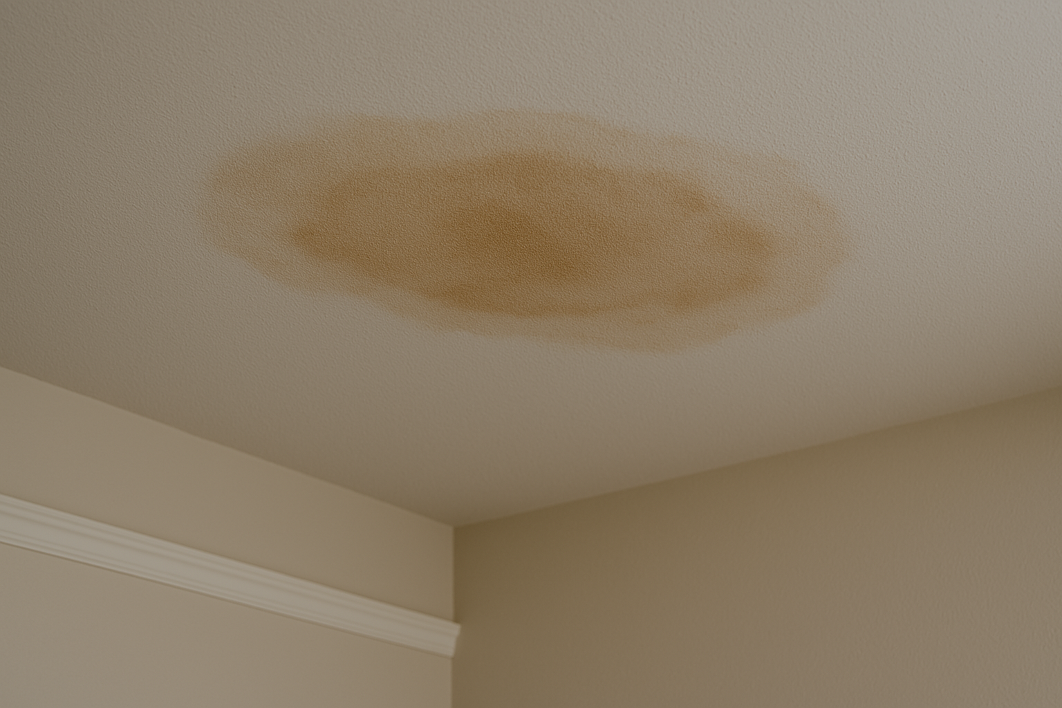 A ceiling with a brown spot on it in a room.
