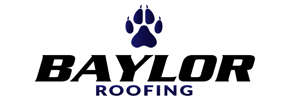 The logo for baylor roofing has a paw print on it.