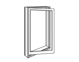 A black and white drawing of an open window on a white background.