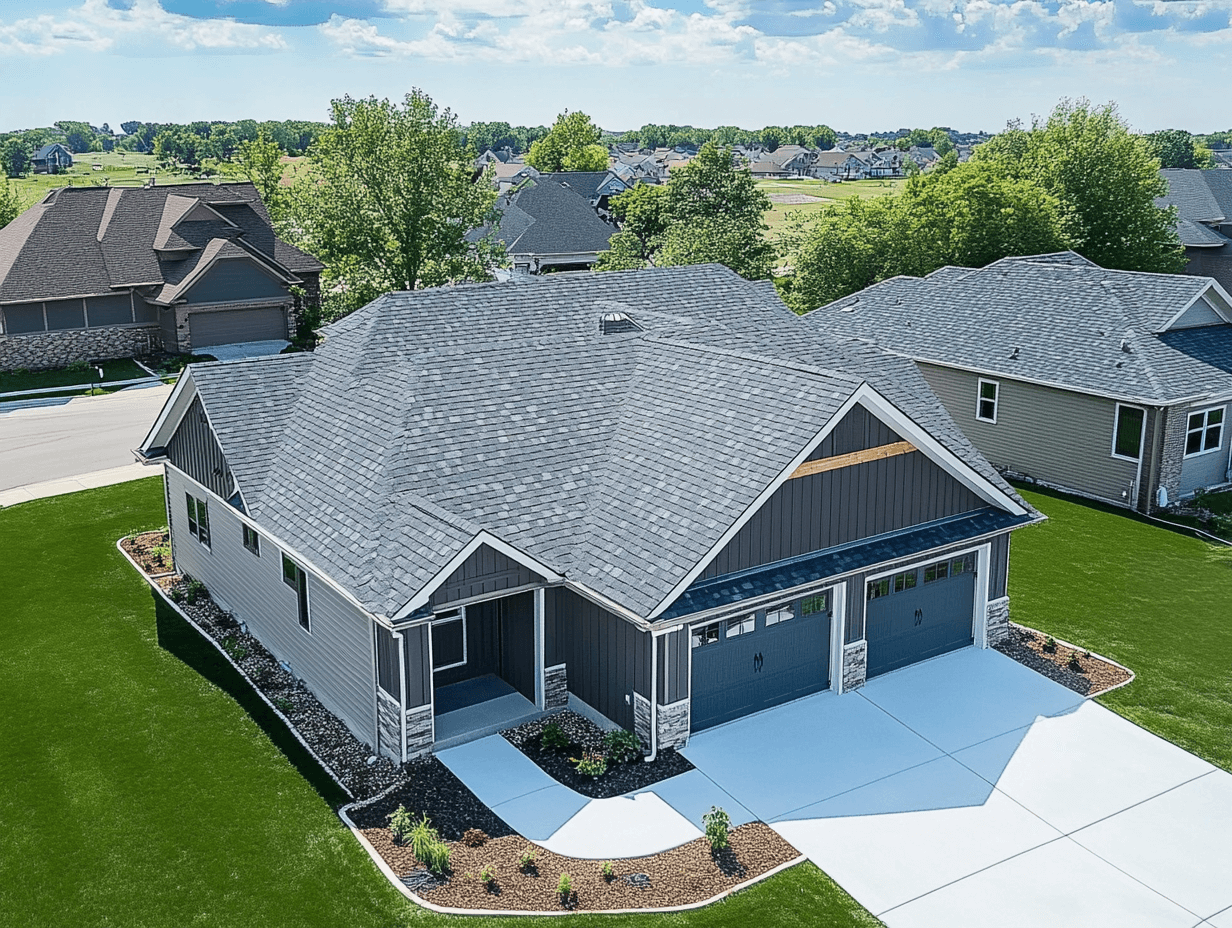 An aerial view of a house with a gray roof in a residential area.