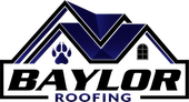 The logo for baylor roofing shows a house with a paw print on the roof.