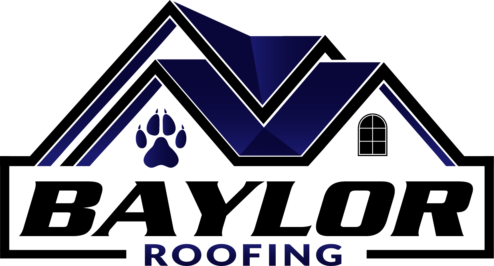 The logo for baylor roofing shows a house with a paw print on the roof.