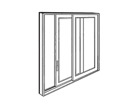 A black and white drawing of a sliding glass door.