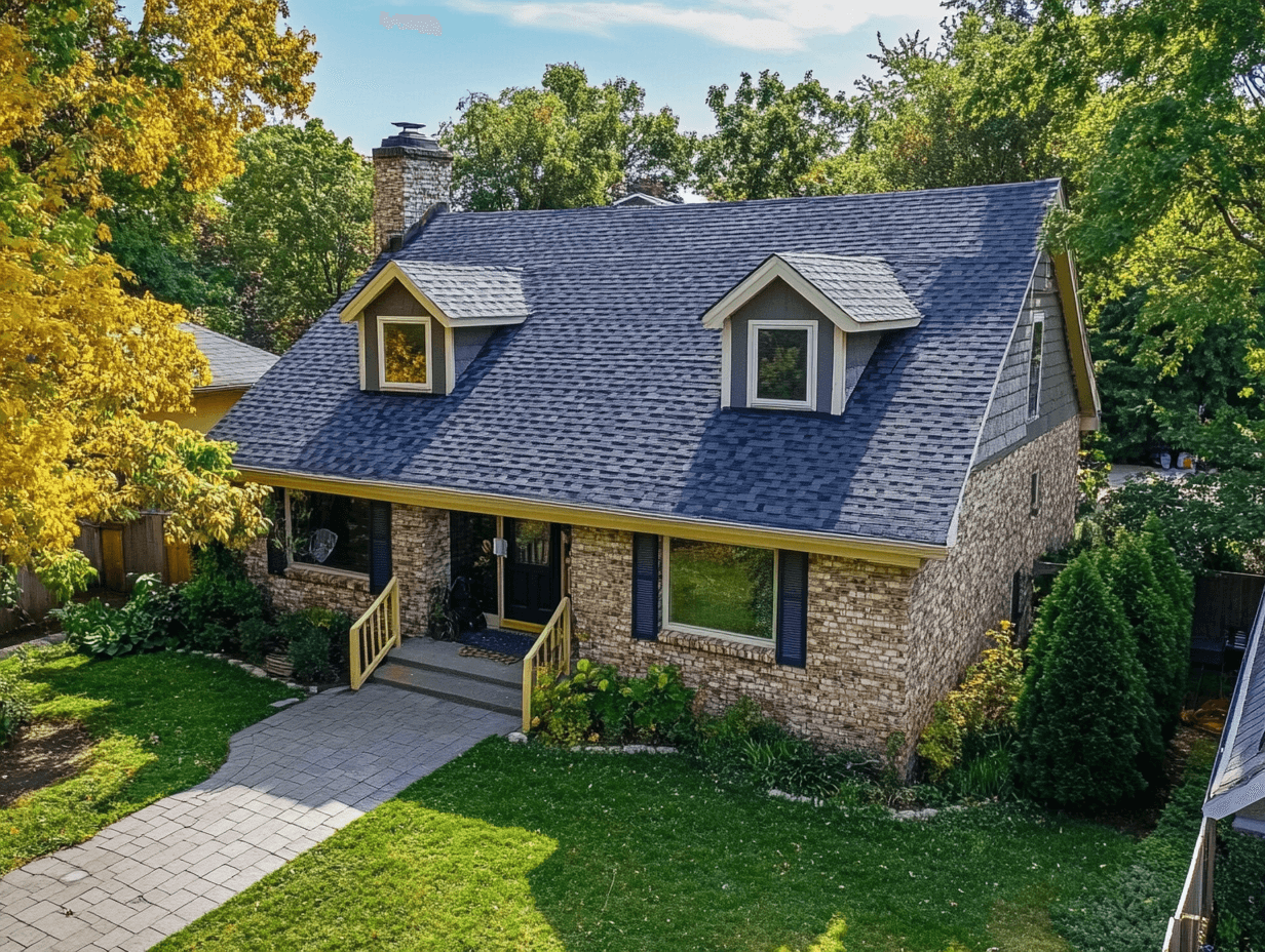 An aerial view of a brick house with a blue roof surrounded by trees.