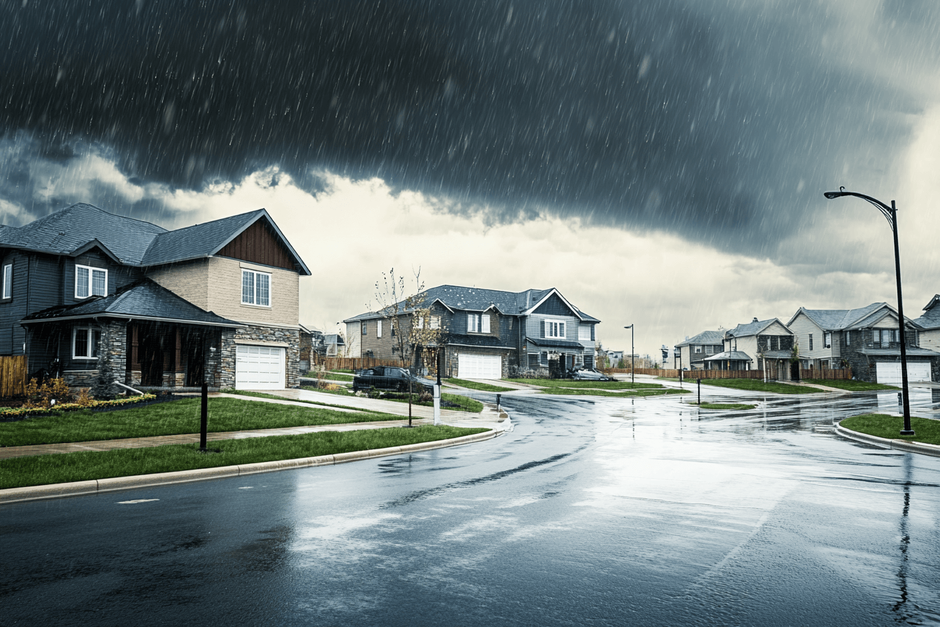 An aerial view of a house with a gray roof in a residential area.