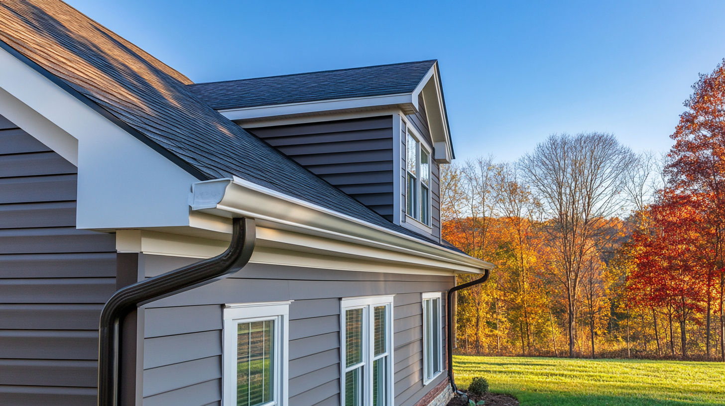 A house with a gutter on the side of it and trees in the background.