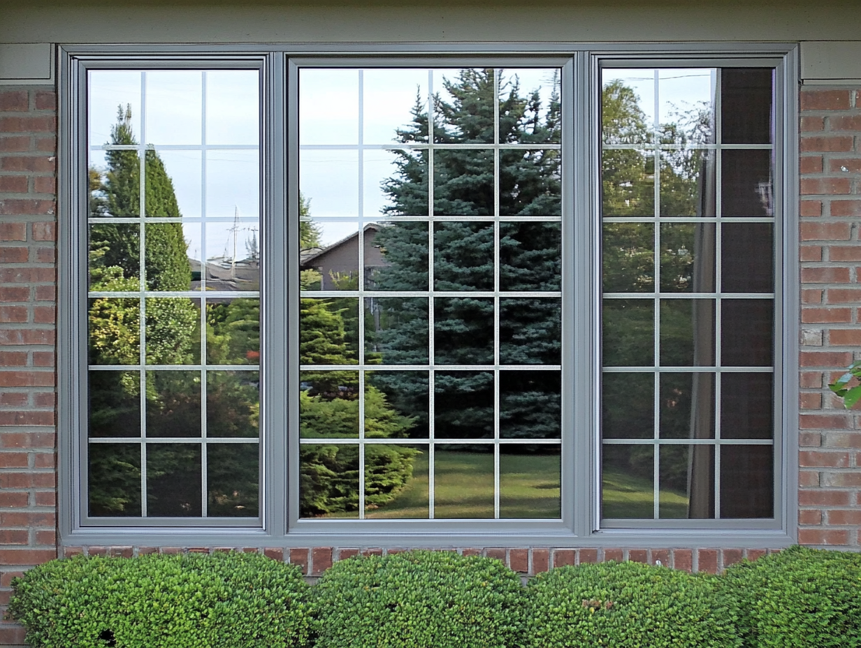 A large window on the side of a brick house with trees reflected in the windows.