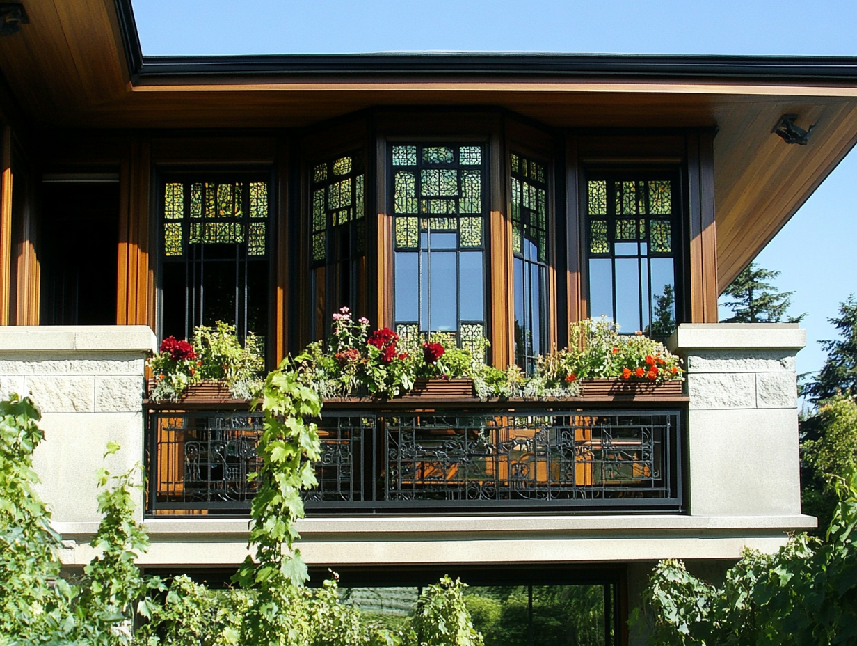 A house with a balcony and lots of windows