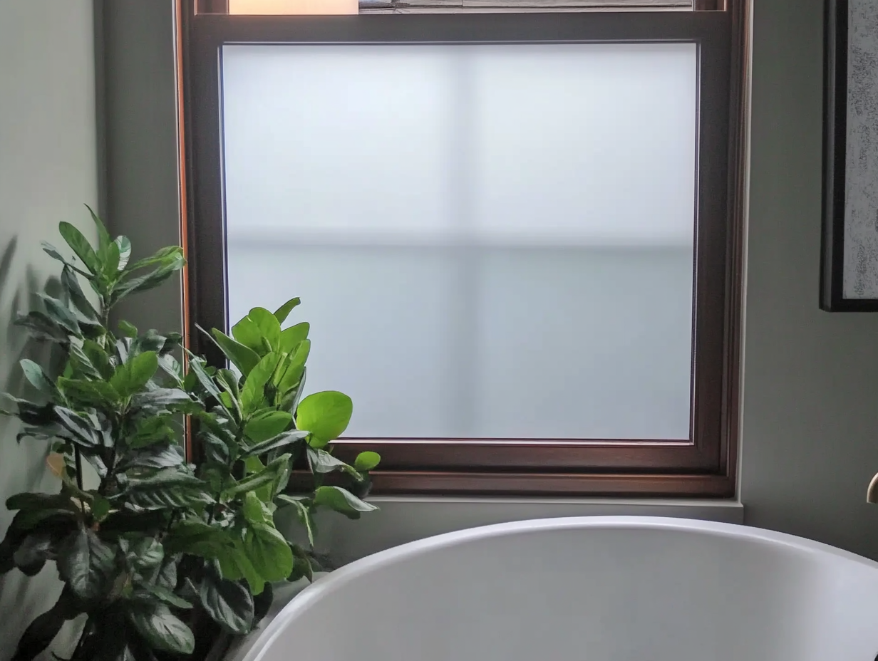 A bathroom with a bathtub and a plant in front of a window.